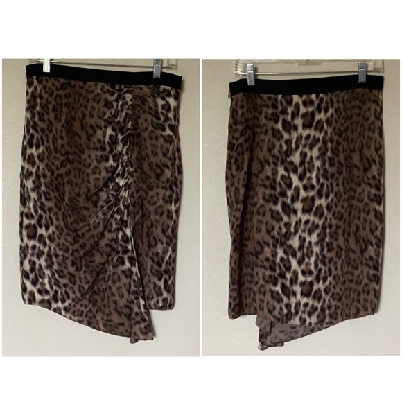 Joie Ornica Leopard Handkerchief Asymmetric Ruched Skirt Brown Tan Black Sz 8 - Picture 4 of 13